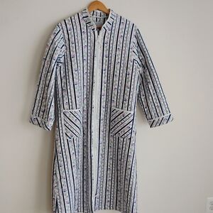 Lanz Salzburg Floral Thick Cotton Flannel Robe Cottage Prairie Blue Stripe Boho
